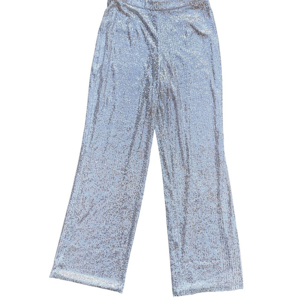Dress the Population Dina Sequin Pants Silver Wide Leg Party Maximalism Glam-L